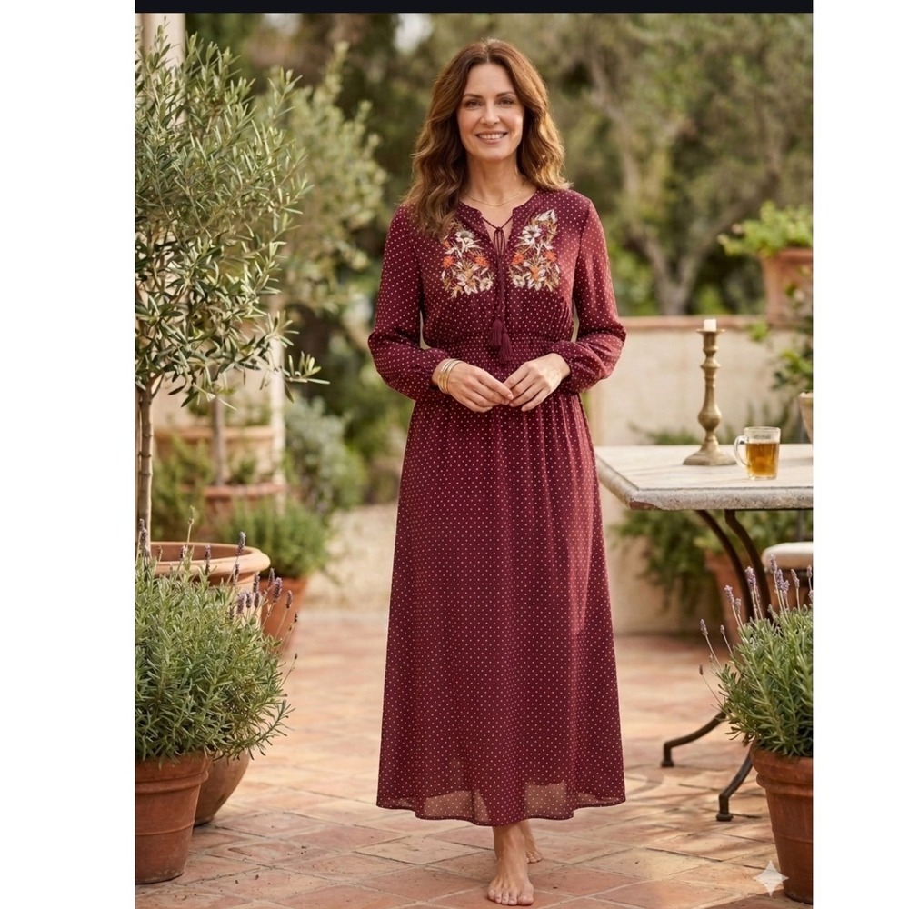 Rusttydustty‎ Burgundy Polka Dot Floral Embroidered Maxi Dress 4XL Boho Tassel